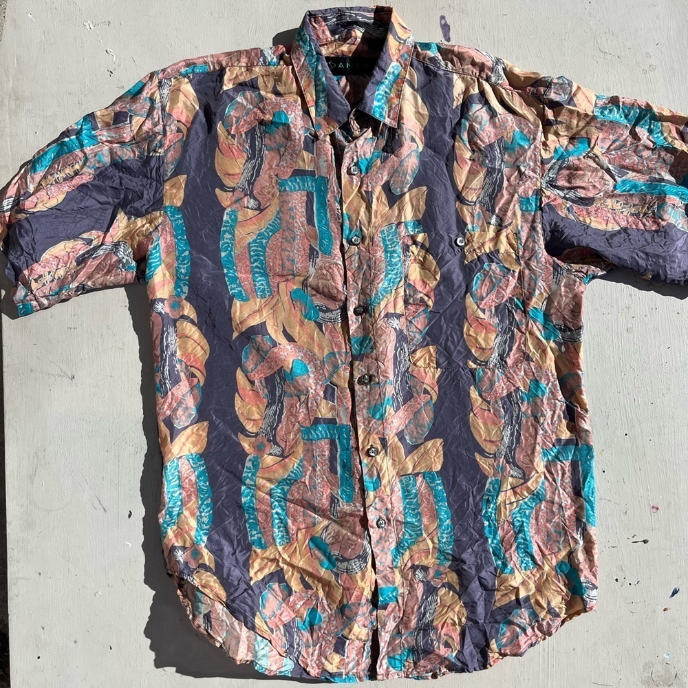 Men's Vintage Santana Shirt Multicolor Geometric M Silk 90s Light Breath Retro‎